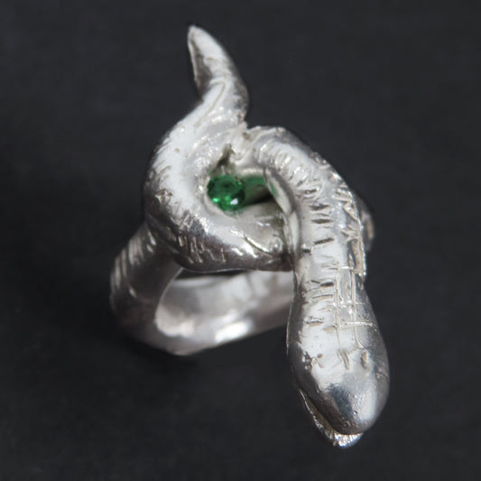 silver snake ring with large green stone 